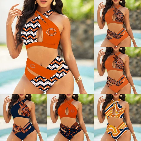 Chicago Bears Womens 2PCS Front Cross Bikini Set High Waist Bathing Suit Cover