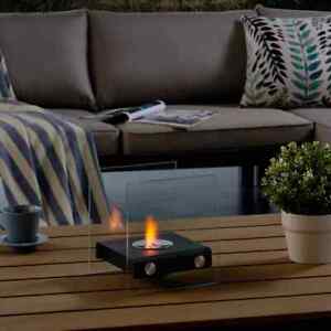 Square Tabletop Smokeless Fireplace With Clear Glass Panels Indoor & Outdoor Use