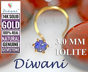 Diwani 3.0mm Natural Iolite 14k Gold Wedding Nose Body Piercing Ring Stud Pin