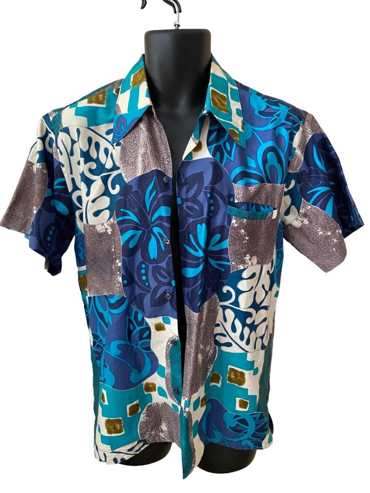 Camisa Aloha Hawaiana Barefoot In Paradise Vintage Abstracta Azul y Blanco Talla M Foto 1 de 4