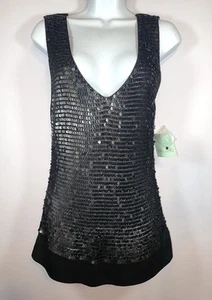 Shu Shu Sequin Silk Blend Shirt Tank Top Black Stretch V-neck Size Large NWT - Picture 1 of 11