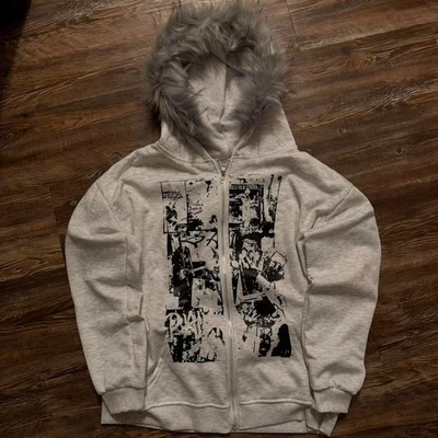 Sudadera con capucha gráfica Y2K | Borde de piel sintética | Cremallera ligera Foto 1 de 4