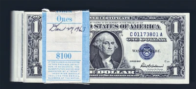 USPC FR 1619 BEP 100 PACK 1957 $1 SILVER CERTS UNC & SEQUENTIALLY #'D ((SCARCE)) - Image 1 of 4