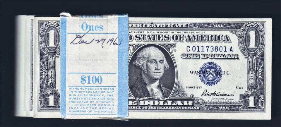 USPC FR 1619 BEP 100 PACK 1957 $1 SILVER CERTS UNC & SEQUENTIALLY #'D ((SCARCE)) - Image 1 of 4