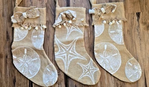3 Beach Coastal  Christmas Stockings! Burlap Raffia Sea Shells 19'' - Picture 1 of 4