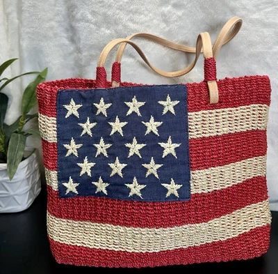 American Patriotic Woven Straw Purse USA Flag Bag, Handbag, Shoulder Bag Durable - Image 1 of 4