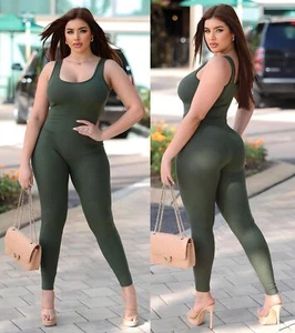 Sexy Hermoso Mono Para Mujer Cuello Redondo Acanalado Tejido Sin Mangas Bodycon Verde - Imagen 1 de 3