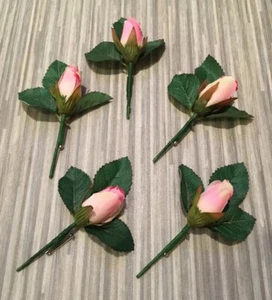 5xButtonhole Wedding Bridal Button Hole Silk Rose Bud + Leaves Artificial Pink - Picture 1 of 5
