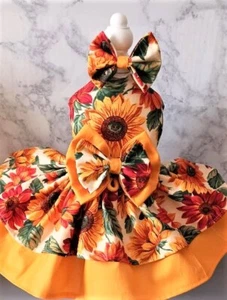 DOG HARNESS DRESS W/ MATCHING HAIR BOW SUNFLOWER    NEW HANDMADE  FREE SHIPPING - Picture 1 of 4
