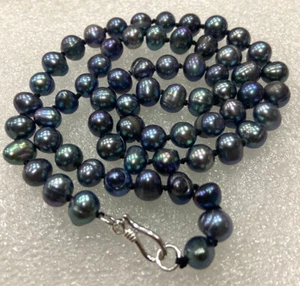 Charming 6-7mm real natura black Blue south sea pearl necklace 16 inch 925 Clasp - Picture 1 of 5