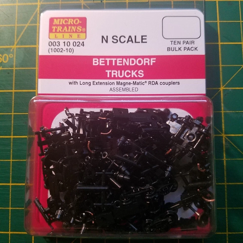 N Micro Trains 003 10 024  Bettendorf Trucks w/long ext couplers 1002-10  10 pk - Image 1 of 1