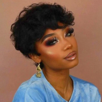 Pelucas de cabello humano rizado onda corta sin pegamento 100 % sin pegamento Foto 1 de 4