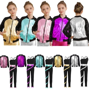 Kids Girls Outfit Activewear Suit Dance Set Metallic Costume Long Sleeve Party - Picture 1 of 50