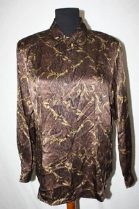 Valerie Stevens Petite 100% Silk Brown Baroque Button Front Tunic Blouse Sz 12P - Picture 1 of 5