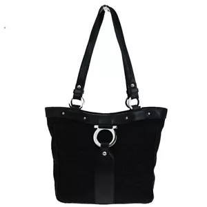 SALVATORE FERRAGAMO Gancini Tote Shoulder Bag Canavs Leather Black SHW 09YF536 - Picture 1 of 15