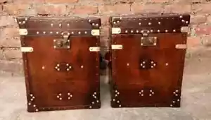 New Handcrafted Luxury Pair of Finest Leather Antique Inspired Side Table Trunk - Picture 1 of 7