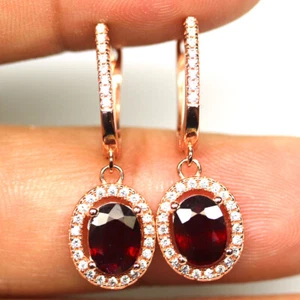 925 Sterling Silver 6 x 8 mm. Red Ruby & Zircon Earrings Rose Gold Minimolist - Picture 1 of 4