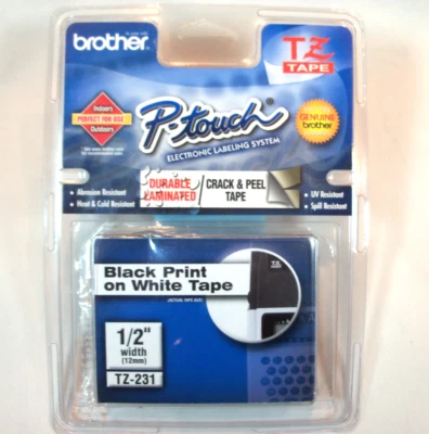 Cinta de etiqueta genuina Brother TZ231 negra/blanca P-Touch 12 mm 1/2" Foto 1 de 3