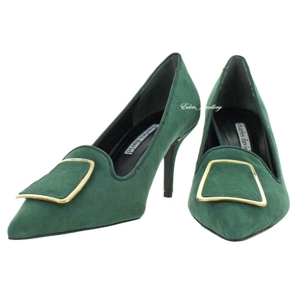 ARAMINA by CHARLES DAVID Hunter Verde Dorado Herrajes Cuero Gamuza Tacones Zapatos 8 Foto 1 de 1