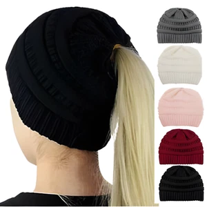 Women's Beanie Cap Girls Winter Knitted Wool Pony Tail Stretch Hair Ponytail Hat - Picture 1 of 31