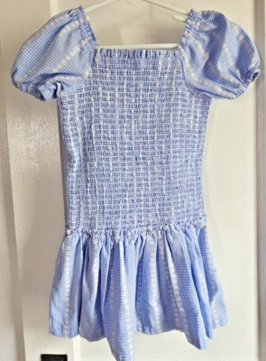 FLAPDOODLES 格子缩褶紧身荷叶边下摆方领女孩连衣裙 5 蓝色-白色 — 第 1/4 张图片