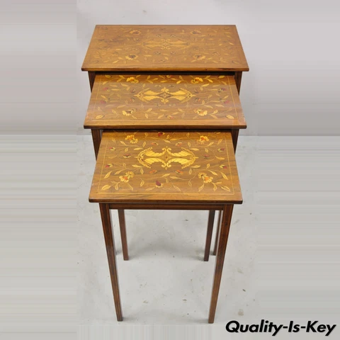 Antique Dutch Marquetry Inlay Mahogany Nesting Side Tables - 3 Pc Set Cover