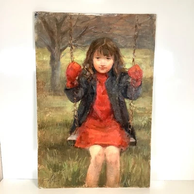 Pintura al óleo original firmada de colección sobre retrato de niña masonita en columpio 16”w x 24”h Foto 1 de 4