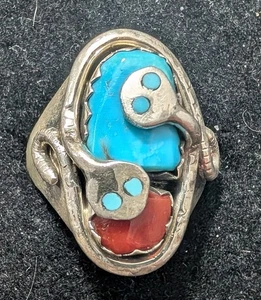 Vintage Men's Effie Calavaza Zuni Sterl. Silver Snake Ring Size 12 Turq. & Coral - Picture 1 of 5