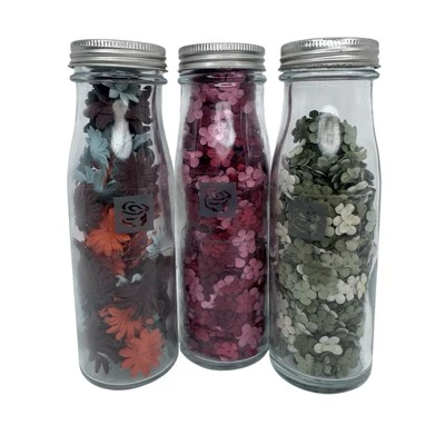 Prima GOT FLOWERS - 3 Milk-Style Glass  Bottles w/ Paper Flowers; Fiesta, Green - Image 1 of 4