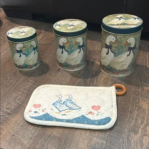 Vintage Wintergans blaues Band 3er Set stapelbar Keksdose und Topflappen - Bild 1 von 10