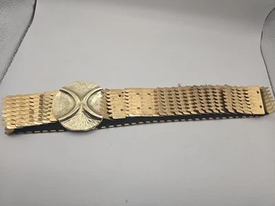 Vintage 1970s Gold Tone Metal Scale Link Belt – Hammered Sculptural Buckle –... - Image 1 of 4