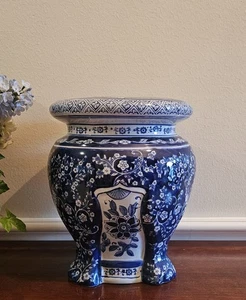 Vintage blau & weiß Porzellan Garten Hocker asiatischer Stil Blumen Keramik 11,5" - Bild 1 von 12
