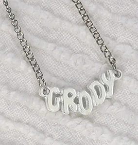 Vtg VALLEY GIRL Nameplate Necklace "GRODY" 80s Slang Lingo Word Metal White - Picture 1 of 7