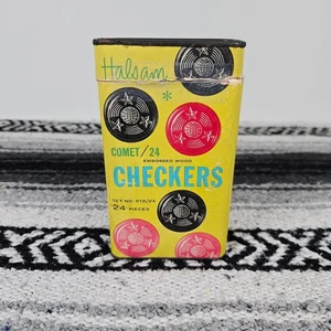 Vintage Halsam Comet 24 Embossed Wood Checkers Set No. 518 w/ Box Complete - Picture 1 of 12