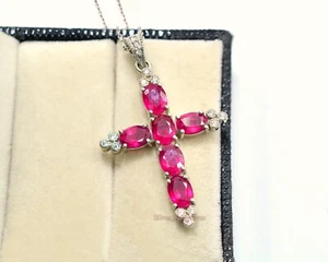 6.55 CTS Natural Ruby 925 Sterling Silver July Birthstone Cross Pendant Necklace - Picture 1 of 5