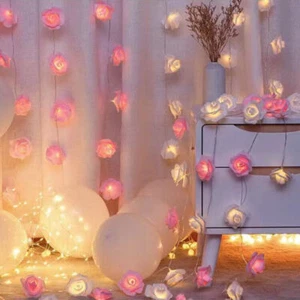 20 LED Rose Flower Lights String Fairy Wedding Valentines Day Party Garden Decor - Picture 1 of 14