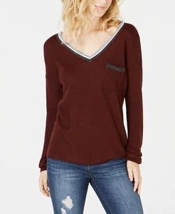 Hippie Rose Stripe-Trimmed V-Neck Sweater Burgundy Size L $44 - Picture 1 of 1