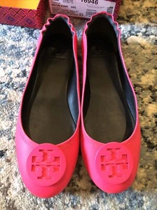 RARE TORY BURCH Minnie Leather Travel Ballet Flats Shoes Neon Pink 8.5 Boxed - Picture 1 of 7