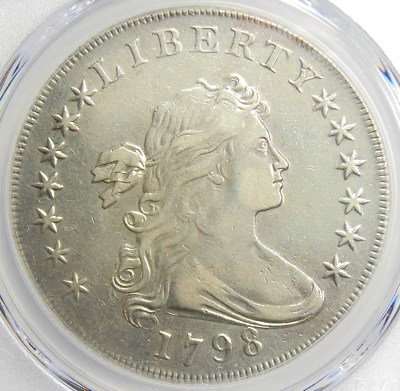 Moeda de dólar de prata busto drapeado 1798 $1 - Certificado PCGS XF detalhe EF - Moeda rara - Imagem 1 de 4