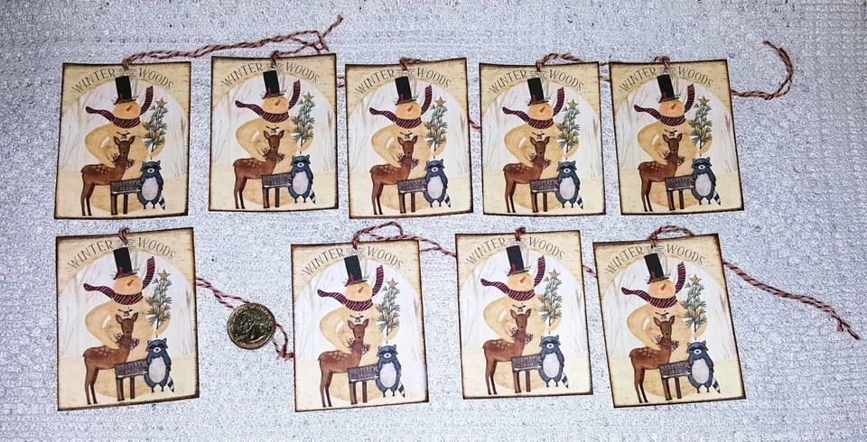 9-Primitive-Christmas-Farmhouse-Snowman-Handmade-Linen Cardstock-Gift-Hang-Tags - Image 1 of 1