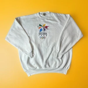 Felpa girocollo vintage Nagano 1998 Olimpiadi 2XL bianca pattinaggio artistico USA - Foto 1 di 13