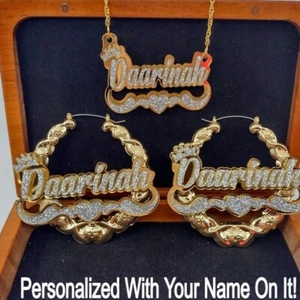Pendientes de aro personalizados de oro XOXO y nombre collar joyería conjunto personalizado gratis - Imagen 1 de 11