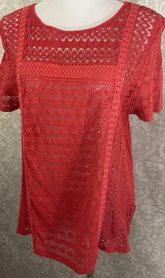 LUCKY BRAND Women’s Top XL Red Orange Lace S/S Shirt Boho Retro - Image 1 of 4
