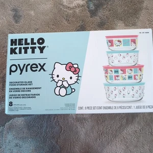 Pyrex ~ Hello Kitty ~ Decorated Glass Food Storage Set ~ 8 Pcs ~ 2025 New In Box - Picture 1 of 3