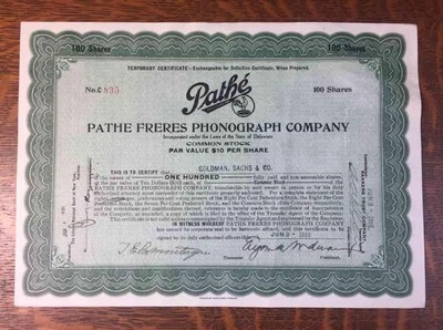 1920 Pathe Freres Phonograph Company Stock Certificate 100 Shares Goldman Sachs - Image 1 of 4