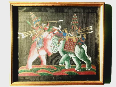 Sérigraphie soie Thaïlandaise encadrée sous verre  bataille moghole  éléphants - Photo 1/4