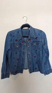 Vintage Medium Lemon Grass Jeansjacke mit Stickerei Blumen Cropped Fit - Bild 1 von 3