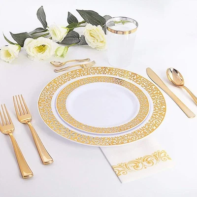 25PCS 7.5" Gold Lace Disposable Plastic Plates Wedding Birthday Party Christmas - Image 1 of 4