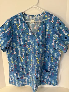SB Scrubs Women’s XL Scrub Top Floral Blue Tie Back & Pockets - Picture 1 of 4