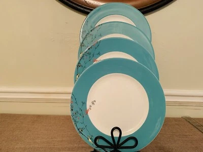 Set of 4 Lenox Chirp Simply Fine Dinner Plates  with Turquoise Rim - Image 1 of 4